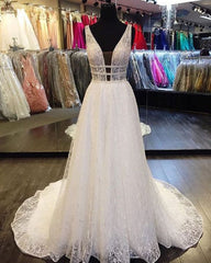 White A-line Lace Deep V Neck Long Halter Wedding Dress