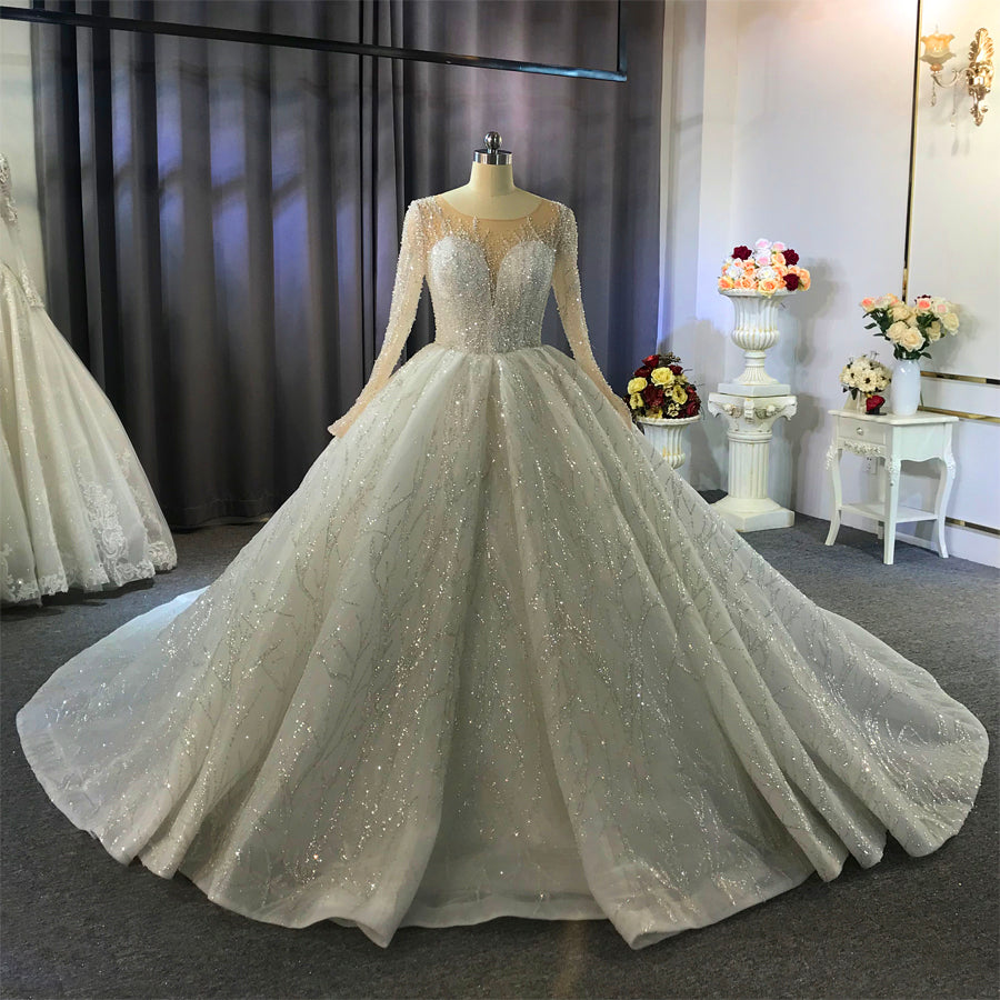 Gorgeous Bateau Long Sleeve Ruffles Floor Length Ball Gown Wedding Dress