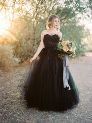 Classy Long A-line Sweetheart Open Back Tulle Black Wedding Dress with Lace