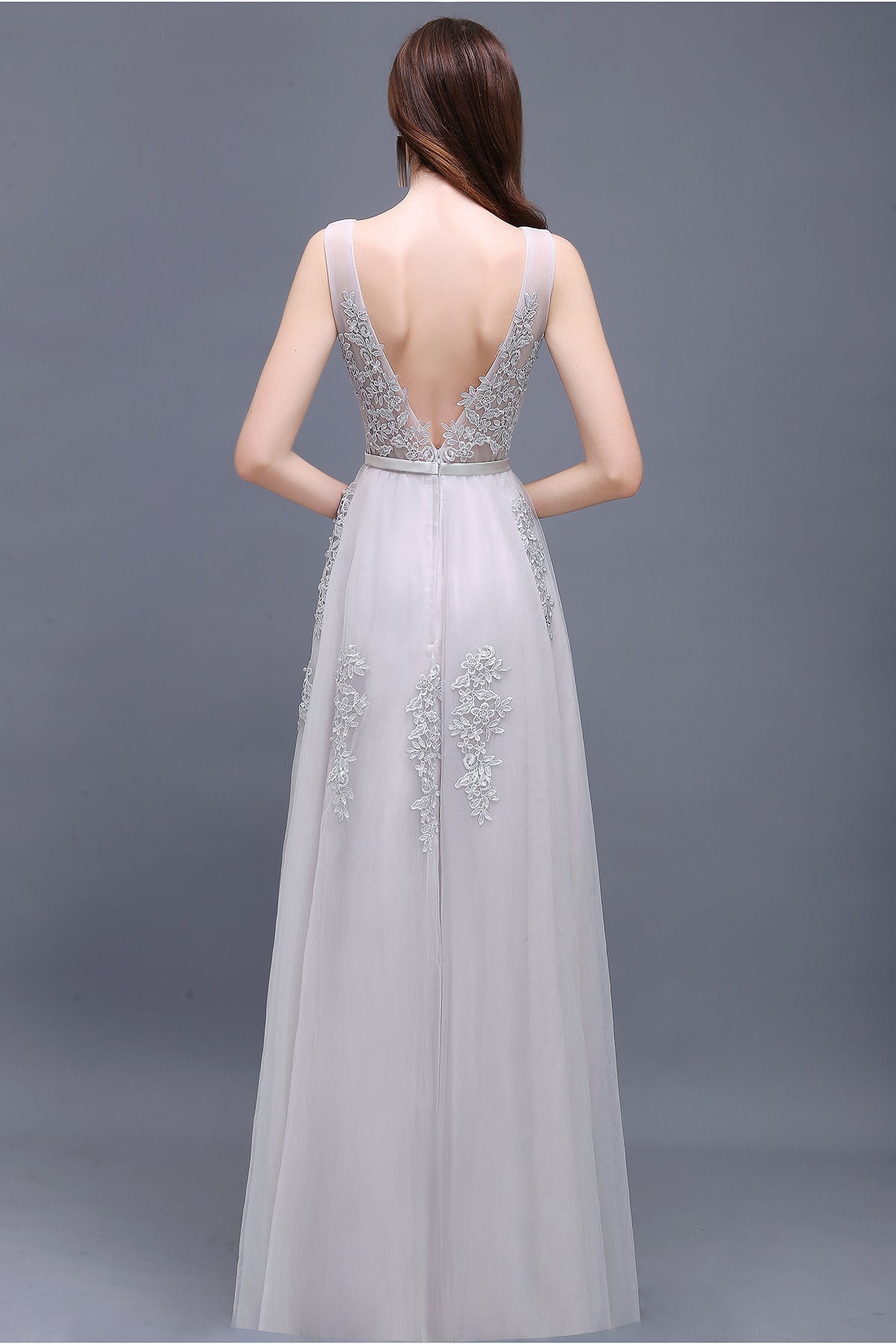 Fabulous Long V-neck Tulle Lace A-line Evening Dress