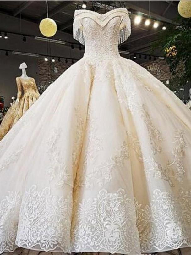 Long Off the Shoulder Ball Gown Wedding Dresses Beaded Appliques