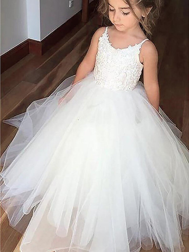 Long A-line Floor Length Tulle Lace First Communion Pageant Flower Girl Dresses