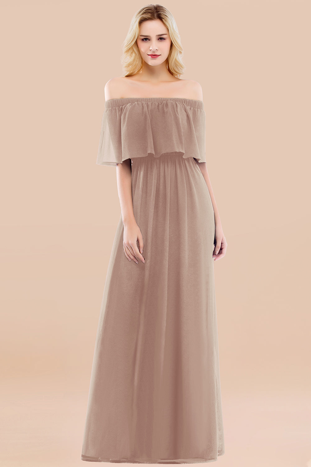 A-line Chiffon Off the Shoulder Short Sleeves Ruffles Floor Length Bridesmaid Dress