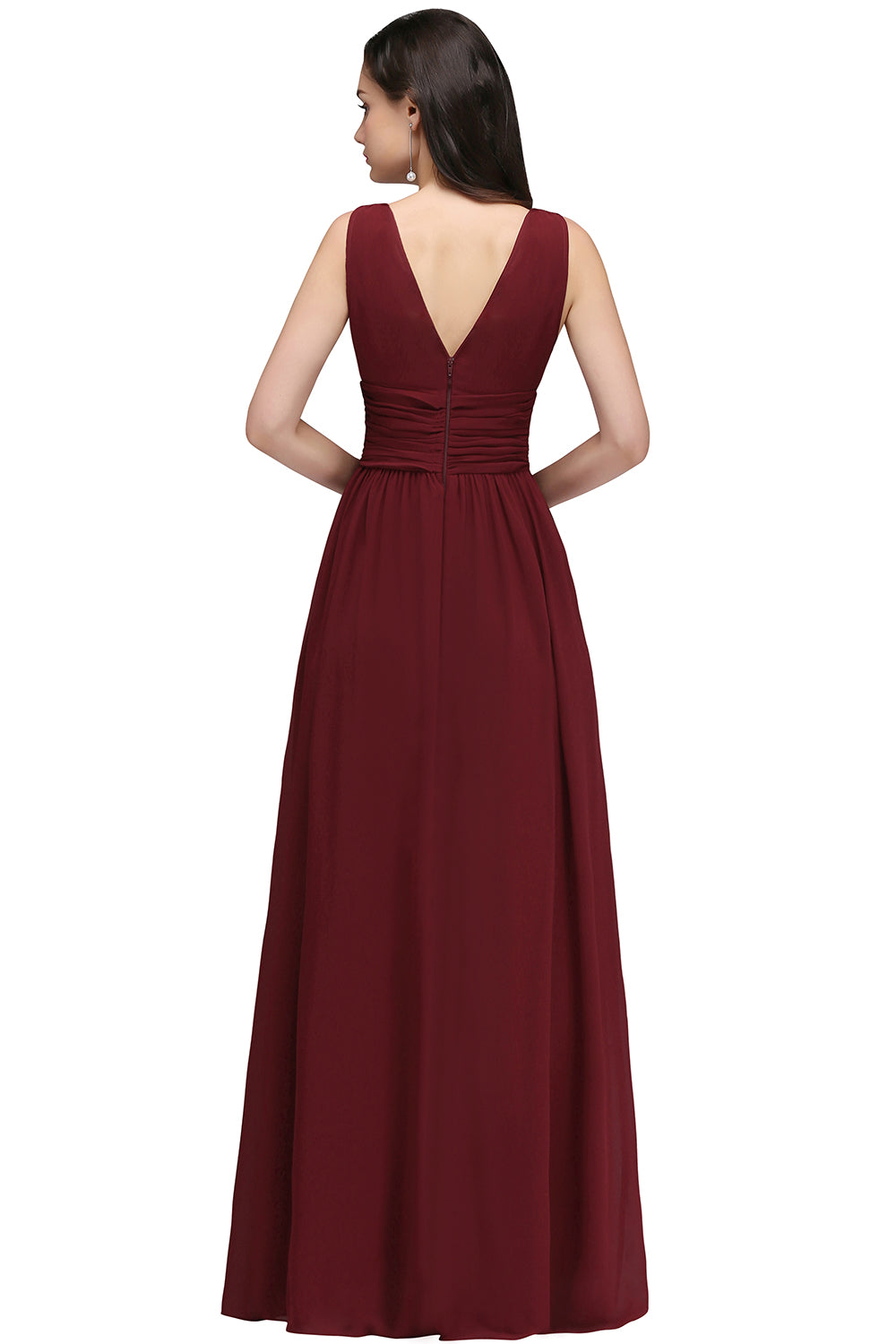 Elegant A-Line Chiffon V-Neck Sleeveless Ruffles Floor Length Bridesmaid Dresses