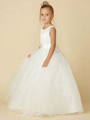 Long A-line Tulle Sleeveless Jewel Neck Satin First Communion Flower Girl Dresses