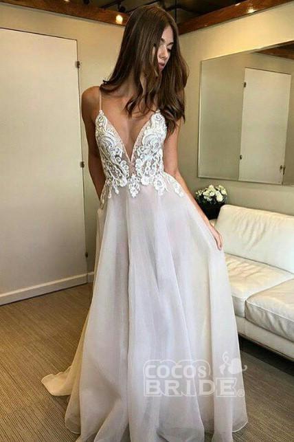 Long A-line V-neck Spaghetti Straps Lace Appliqued Beach Wedding Dress