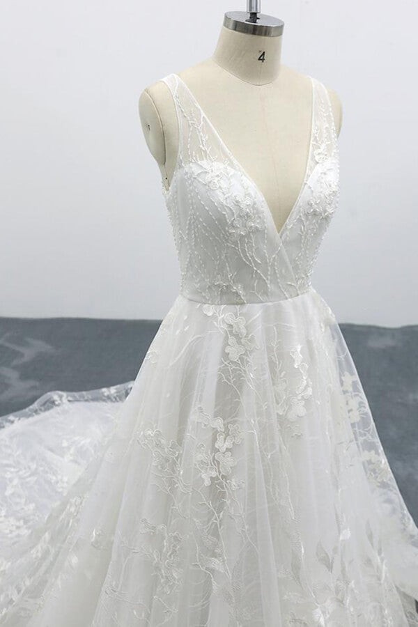 Elegant Long V-neck Appliques Lace Tulle A-line Wedding Dress