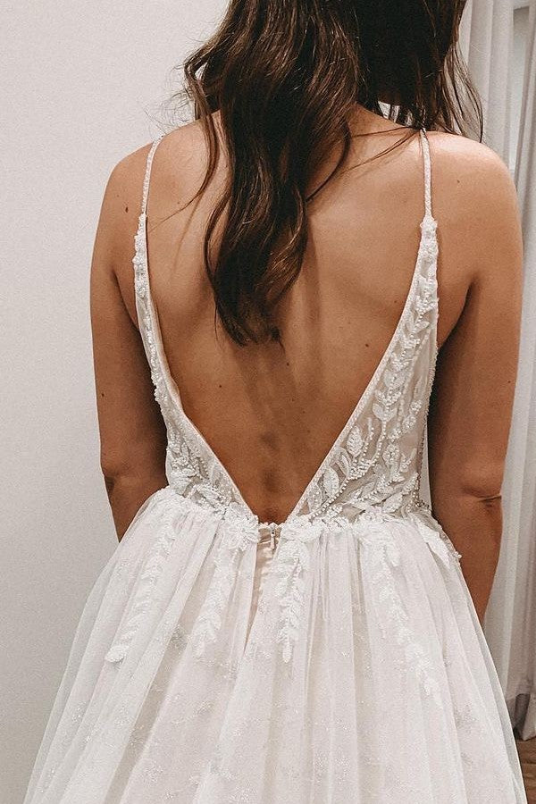 Simple Long A-line V-neck Lace Tulle Open Back Wedding Dress with slit