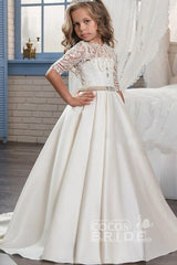 White Long A-line Scoop Neck Satin Lace Flower Girl Dress
