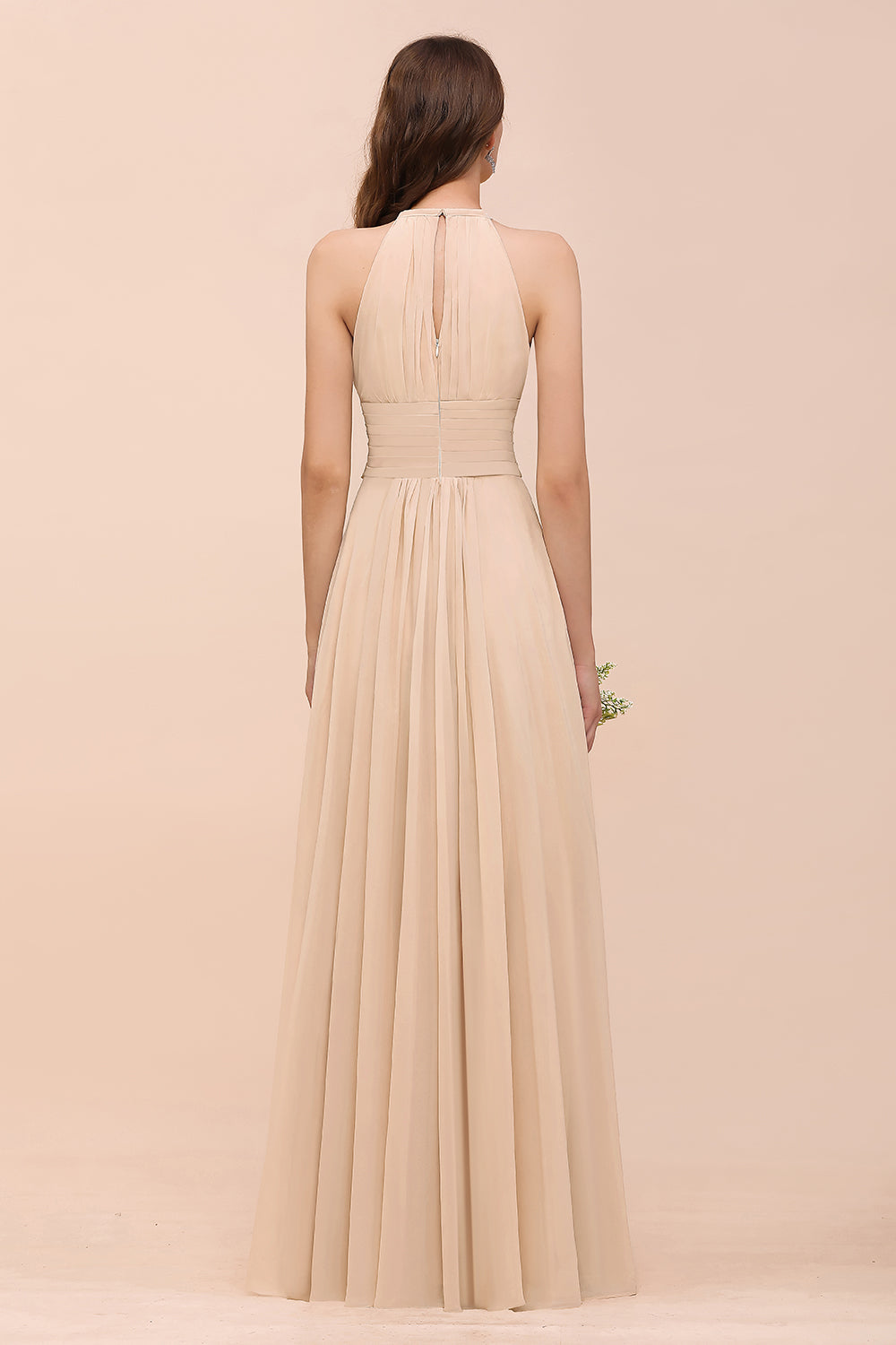 Elegant Long A-Line Jewel Ruffle Chiffon Champagne Bridesmaid Dress