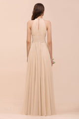 Elegant Long A-Line Jewel Ruffle Chiffon Champagne Bridesmaid Dress
