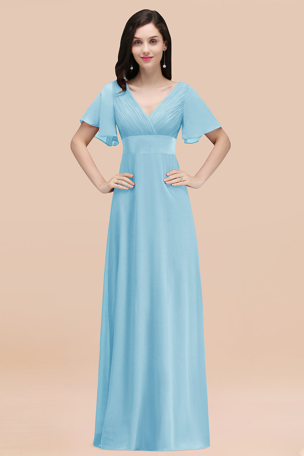 Simple A-Line Chiffon V-Neck Short Sleeves Ruffles Floor Length Bridesmaid Dresses