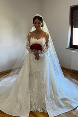 White Long Mermaid Jewel Tulle Lace Wedding Dress with Detachable Sweep Train