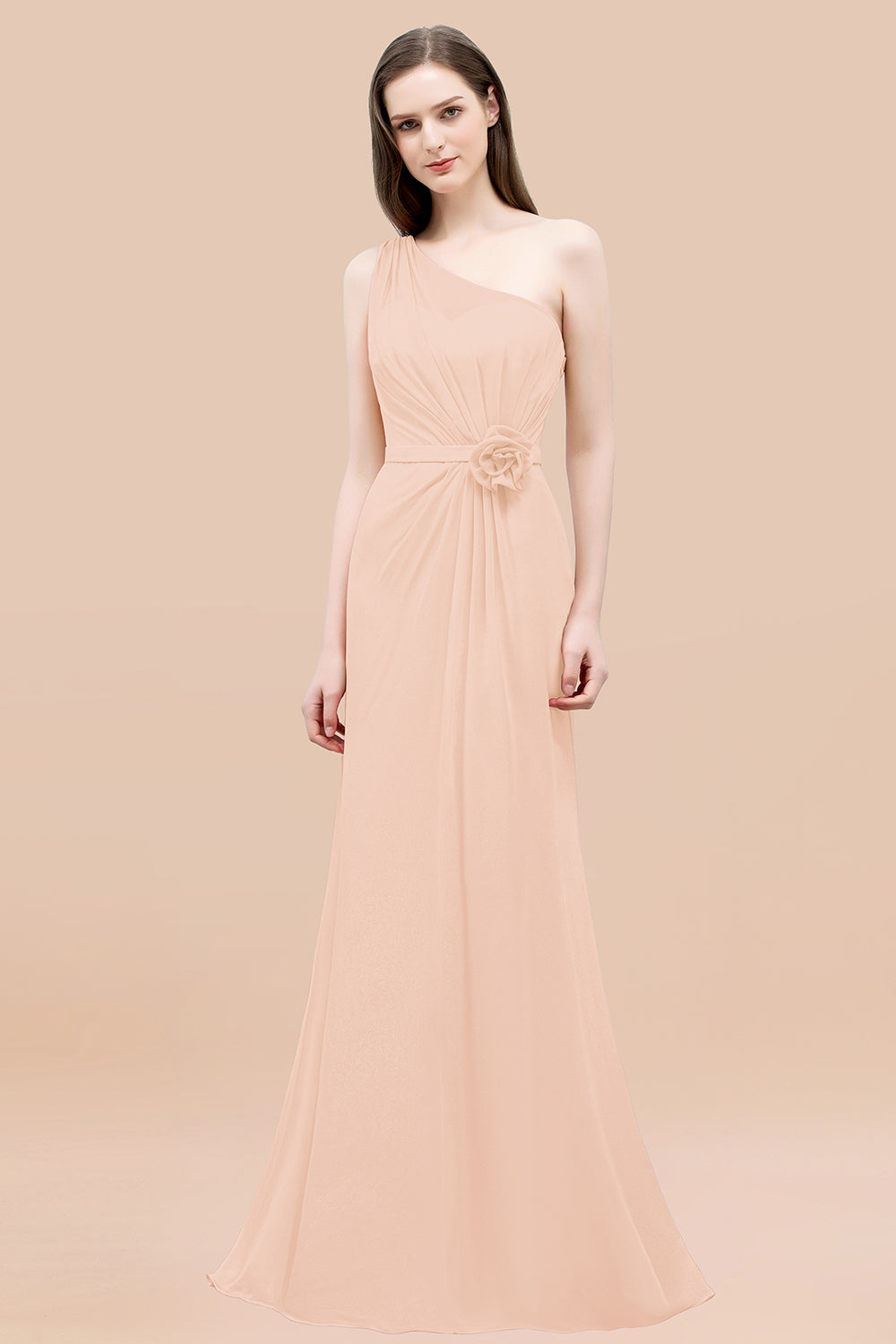 Mermaid Chiffon One Shoulder Sleeveless Ruffled Floor Length Bridesmaid Dresses with Flower