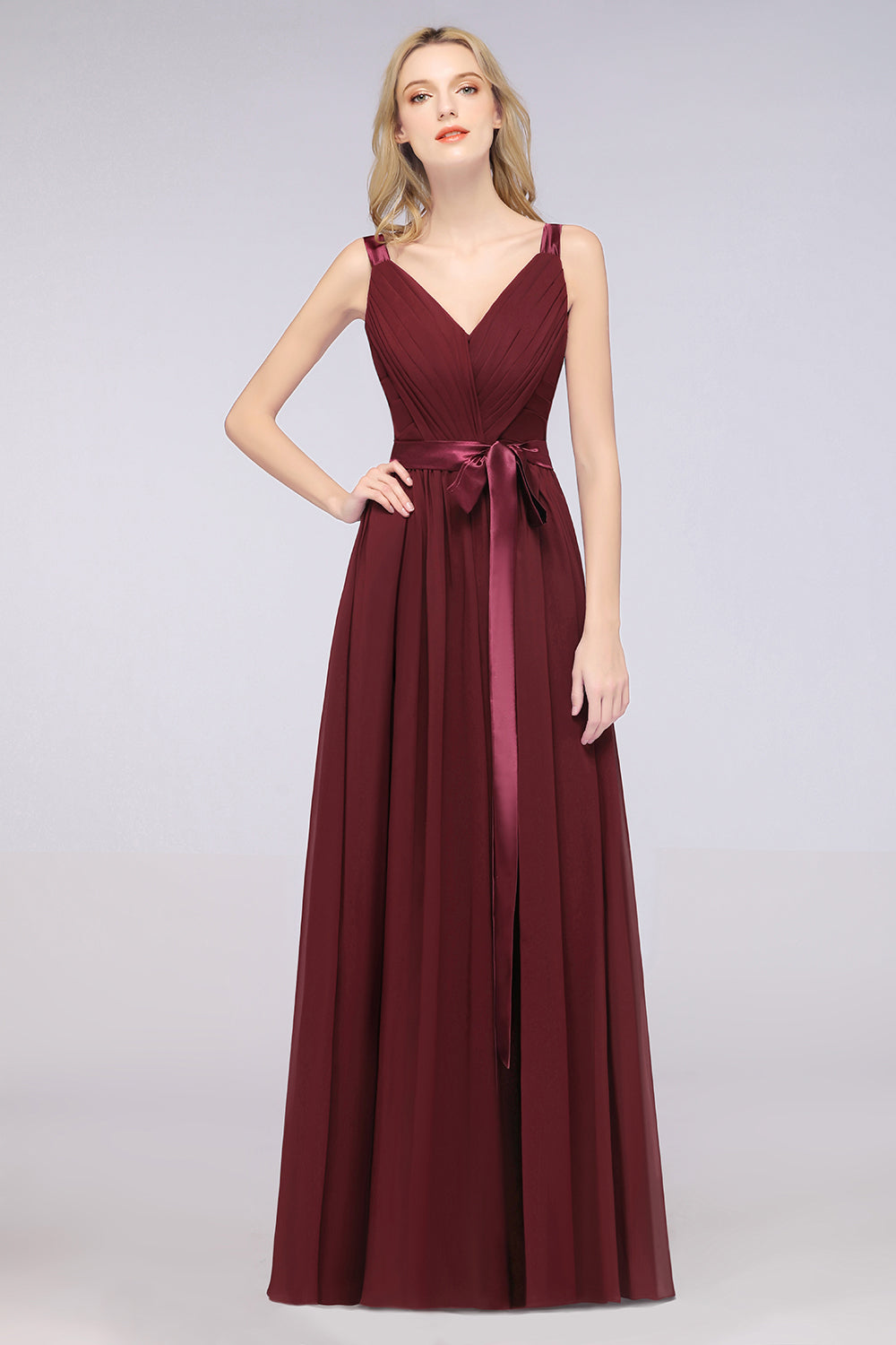 A-Line Chiffon Straps V-Neck Sleeveless Backless Floor Length Bridesmaid Dress with Ruffles