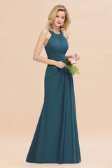 Long A-line Halter Chiffon Backless Floor Length Bridesmaid Dresses