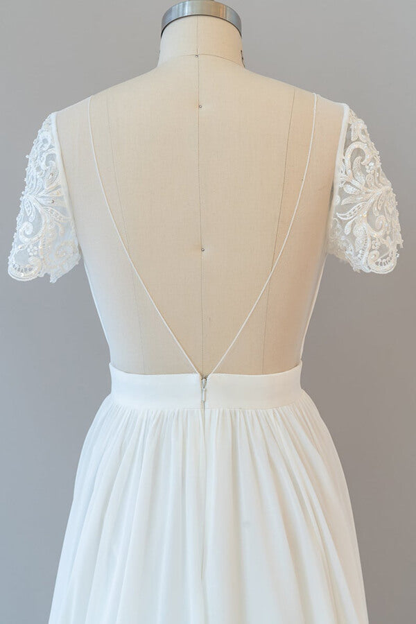 Long Sweetheart Ruffle Chiffon A-line Wedding Dress with Short Sleeve