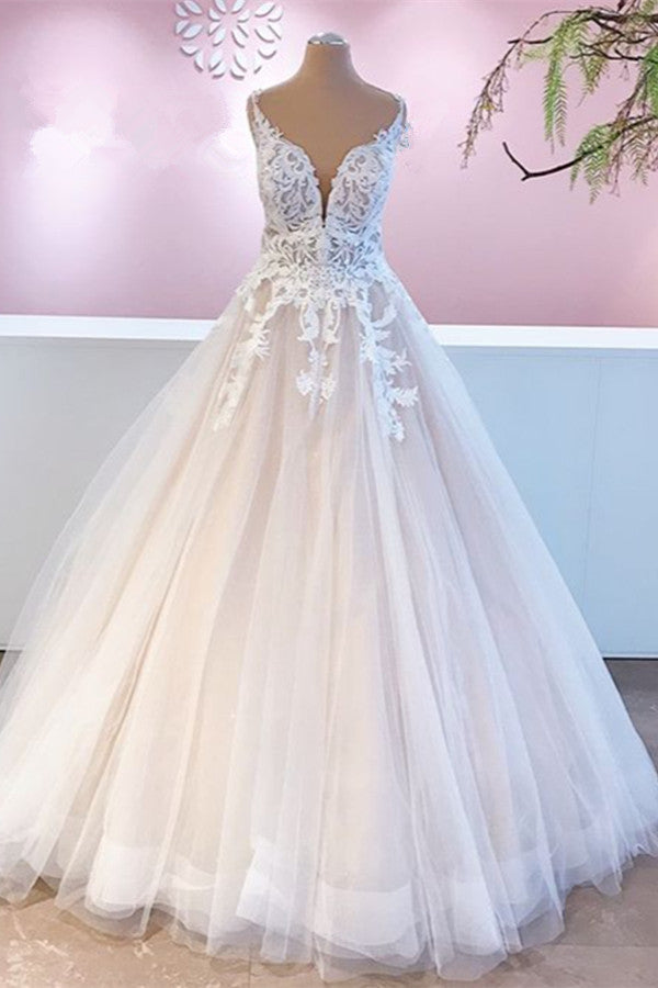 Elegant Long Appliques Lace Tulle Sweetheart Backless A-Line Ruffles Wedding Dress