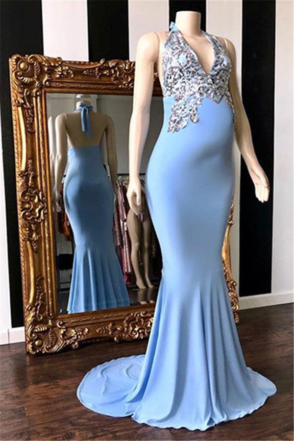 Long Halter V-neck Mermaid Open Back Formal Evening Dress