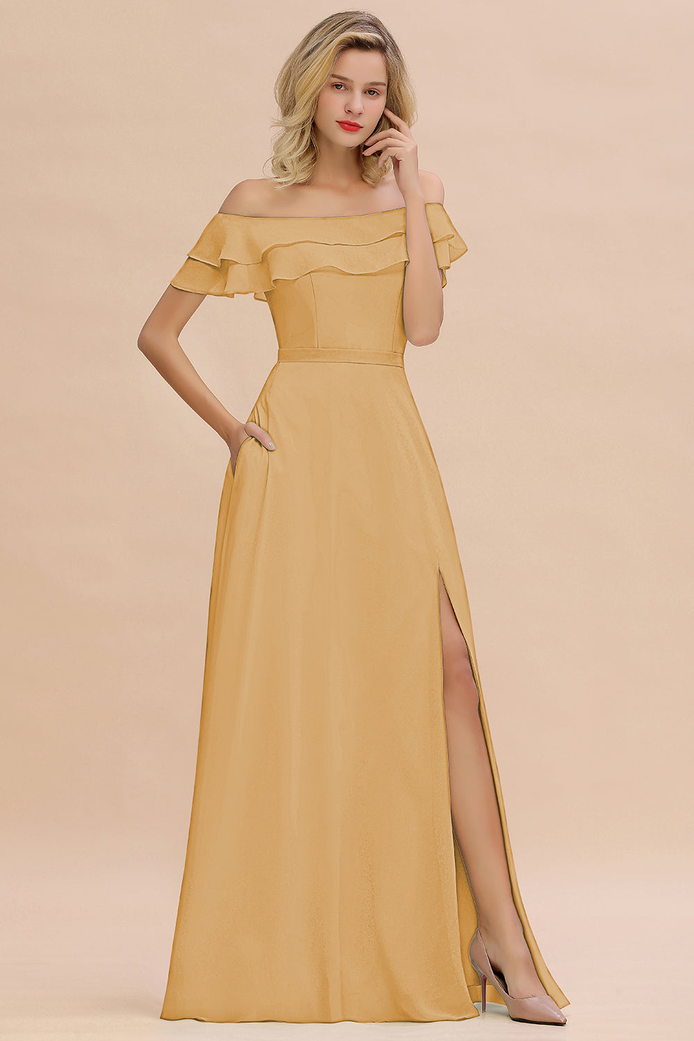 Off the Shoulder Front Slit Mint Green Long Bridesmaid Dress
