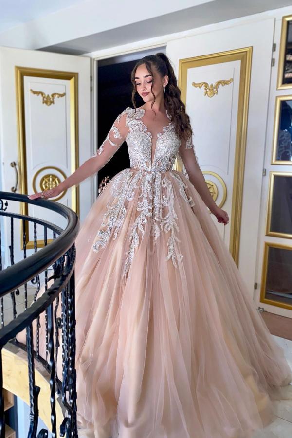 Long Sleeve A Line Champagne Appliques Tulle Wedding Dress with Ruffles