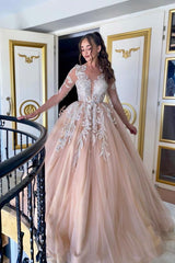 Long Sleeve A Line Champagne Appliques Tulle Wedding Dress with Ruffles