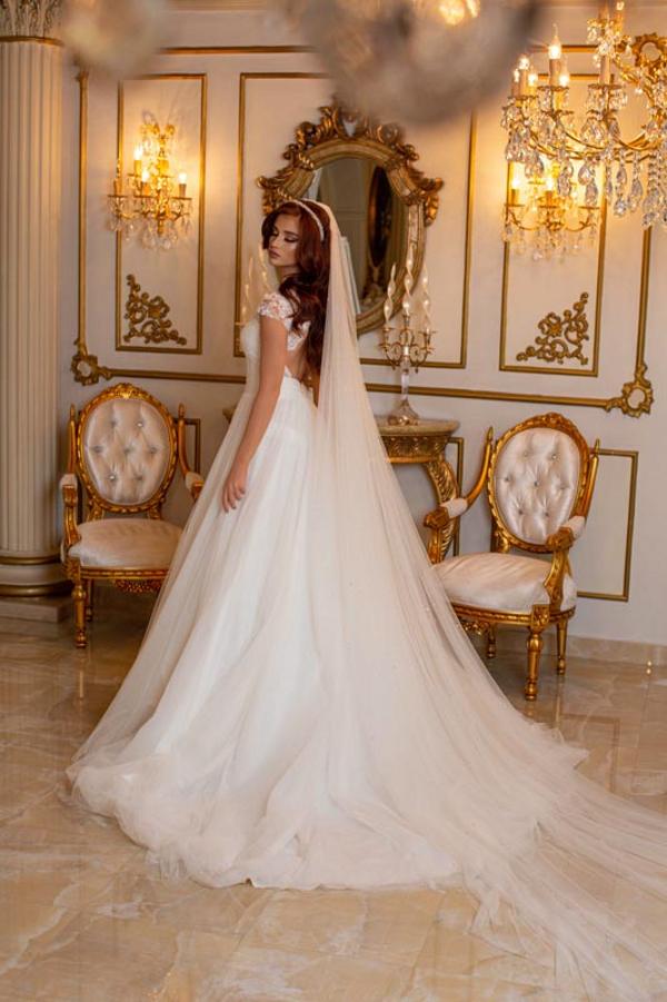 White Long A-line High Neck Tulle Lace Backless Wedding Dress