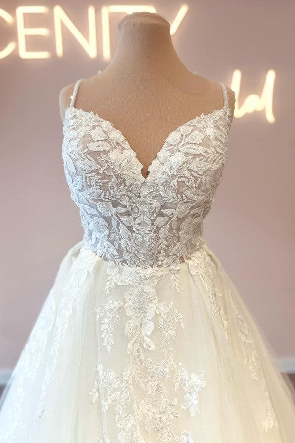 Simple Long A-line Sweetheart Lace Tulle Backless Wedding Dresses