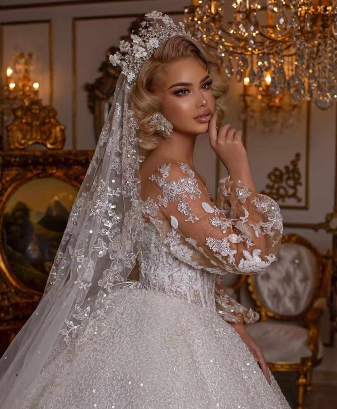 Luxury Long Ball Gown Glitter Sweetheart Wedding Dress with Puffy Sleeves