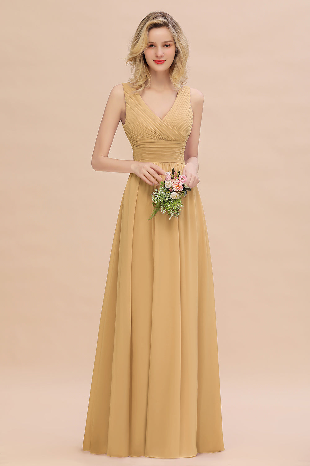 Elegant A-line V-Neck Ruffles Long Bridesmaid Dress