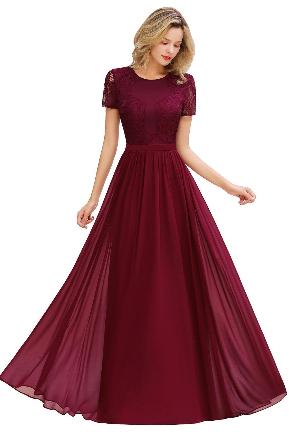 Burgundy Long A-line Chiffon Lace Formal Evening Dresses with Sleeves