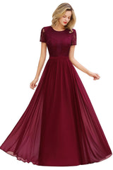 Burgundy Long A-line Chiffon Lace Formal Evening Dresses with Sleeves