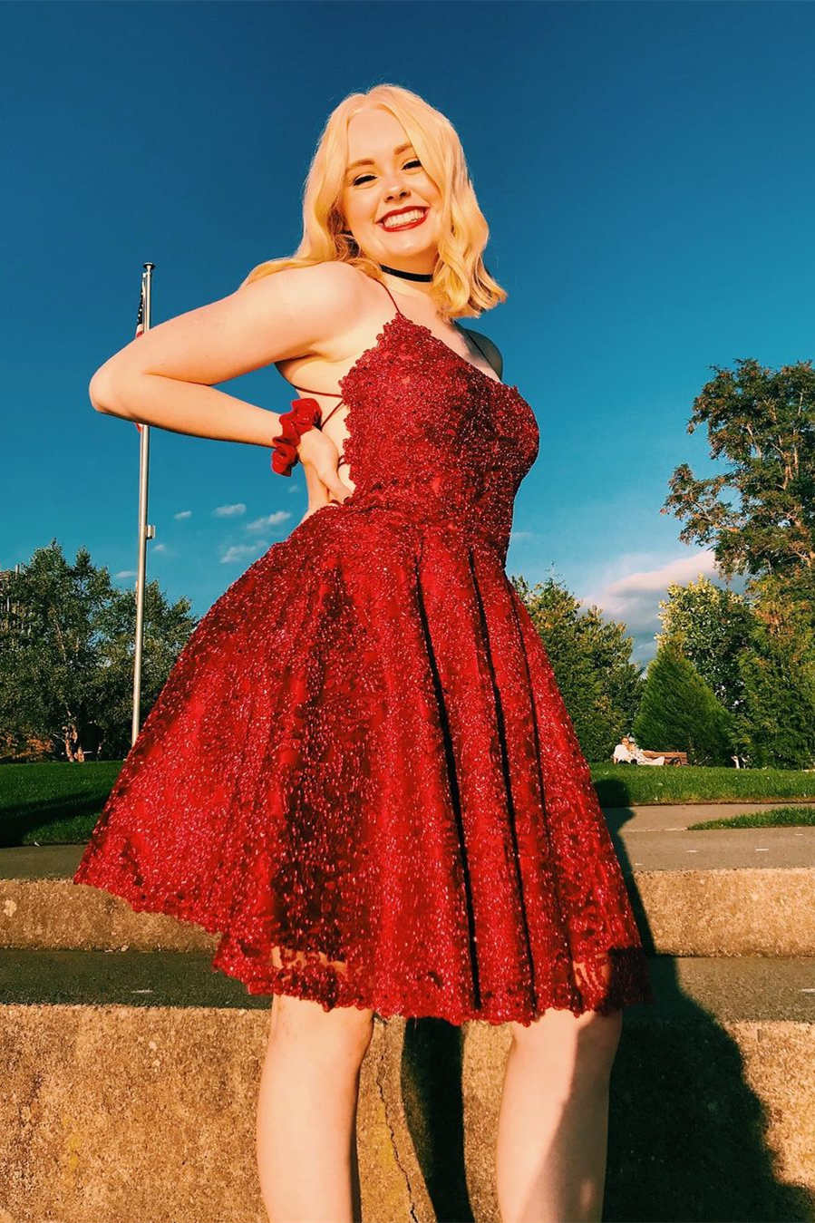 Burgundy A-line Strapless Lace-Up Back Short Homecoming Dress