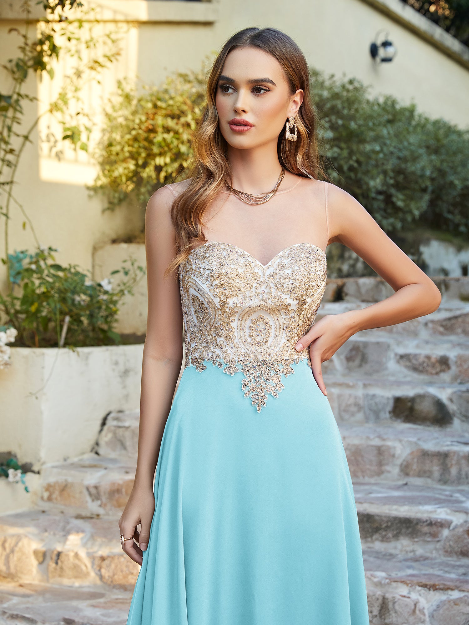Elegant Long A-line Chiffon Sleeveless Tulle Lace Appliques Prom Dress