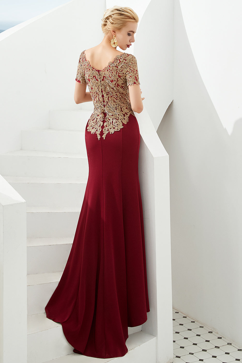 Mermaid Long Burgundy Jewel Lace Mermaid Formal Evening Dresses