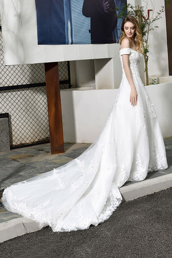 Gorgeous Long A-Line Lace Off Shoulder Satin Wedding Dress