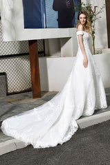 Gorgeous Long A-Line Lace Off Shoulder Satin Wedding Dress