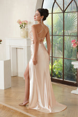Split Front Spaghetti Straps V Neck Draped Satin Prom Dress with Beads