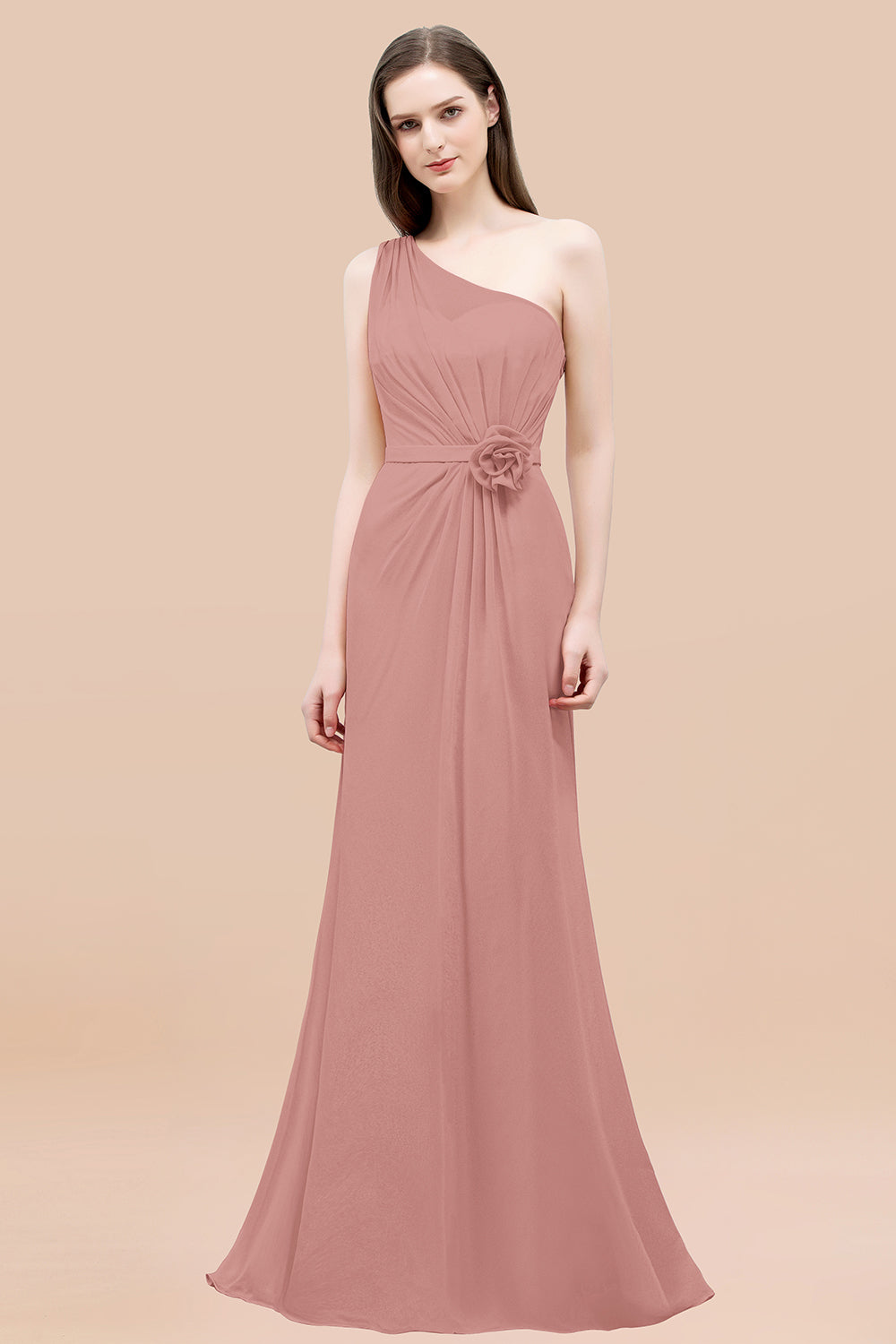 Mermaid Chiffon One Shoulder Sleeveless Ruffled Floor Length Bridesmaid Dresses with Flower