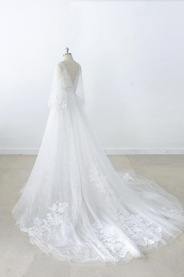 Long Sleeve A-line V-neck Appliques Tulle Wedding Dress