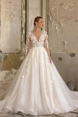 Elegant Deep V-neck Long Sleeve Appliques Lace Ruffles Tulle A-Line Floor Length Wedding Dress