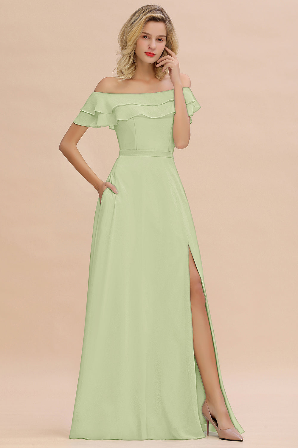 Off the Shoulder Front Slit Mint Green Long Bridesmaid Dress