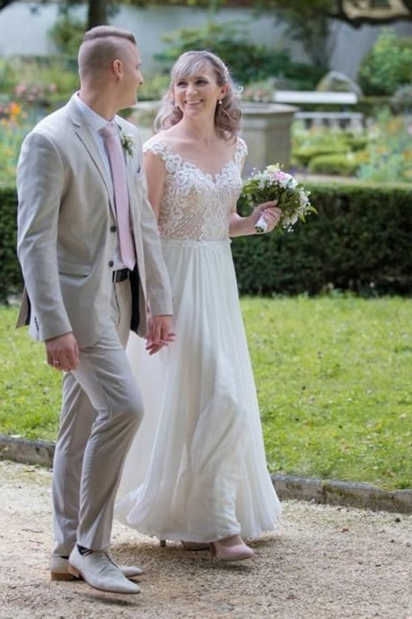 Simple Long A-line Chiffon Floor Length Wedding Dress with Appliques Lace