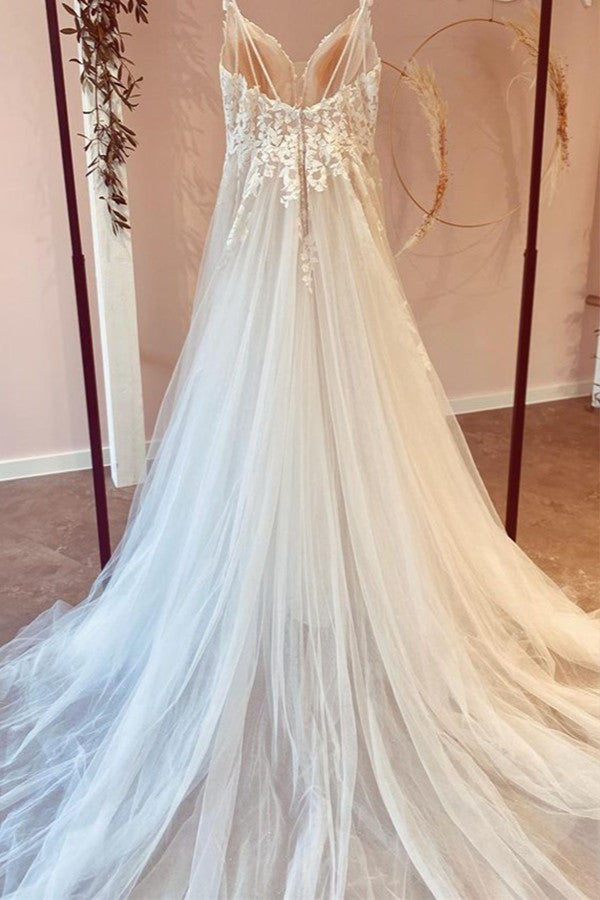 Long A-Line Ruffles Tulle Sweetheart Appliques Lace Floor Length Wedding Dress