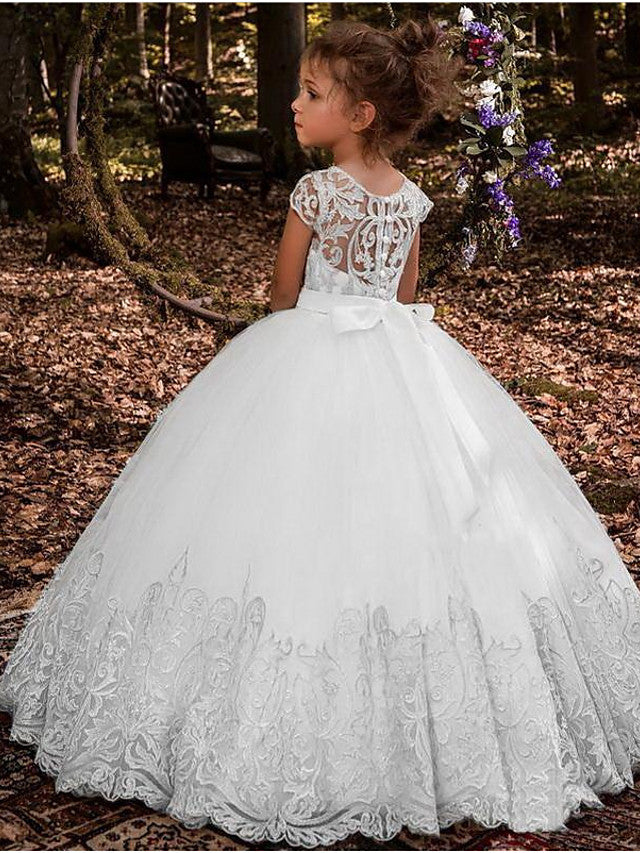 White Long Ball Gown Floor Length Jewel Neck Tulle Lace Flower Girl Dresses