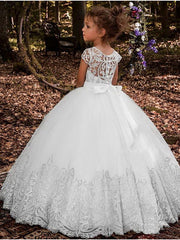 White Long Ball Gown Floor Length Jewel Neck Tulle Lace Flower Girl Dresses