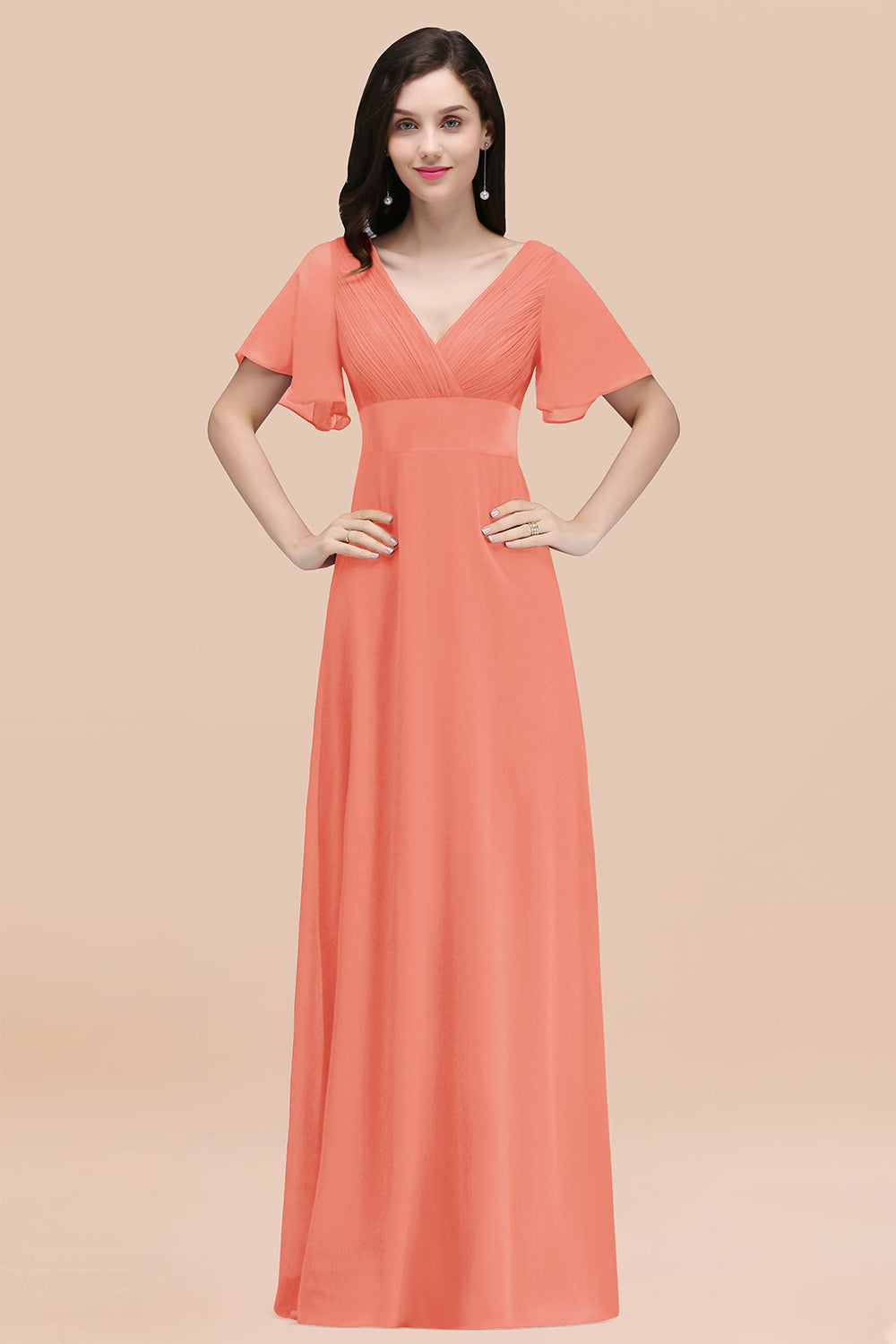 Simple A-Line Chiffon V-Neck Short Sleeves Ruffles Floor Length Bridesmaid Dresses