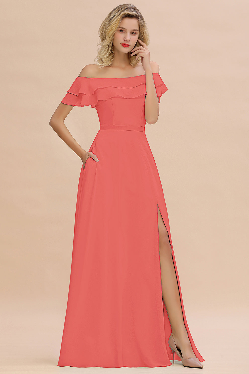 Off the Shoulder Front Slit Mint Green Long Bridesmaid Dress