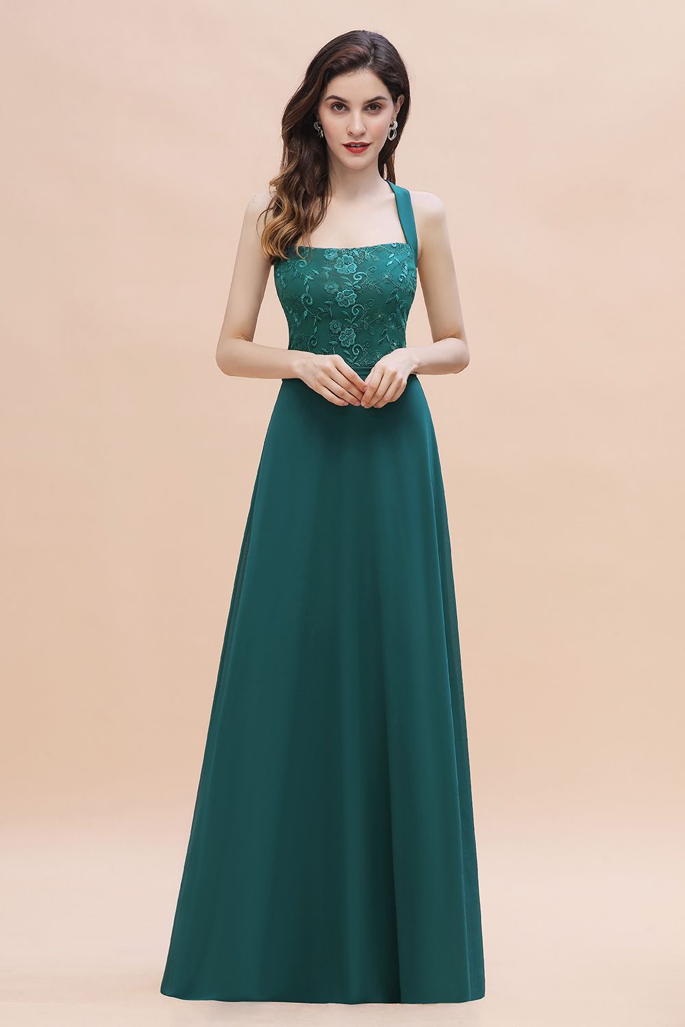 Long Wide Straps A-Line Halter Chiffon Wedding Guest Dresses