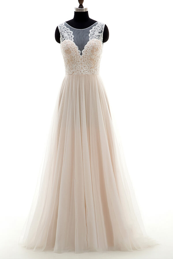 Long A-line Lace Tulle Floor Length Wedding Dress